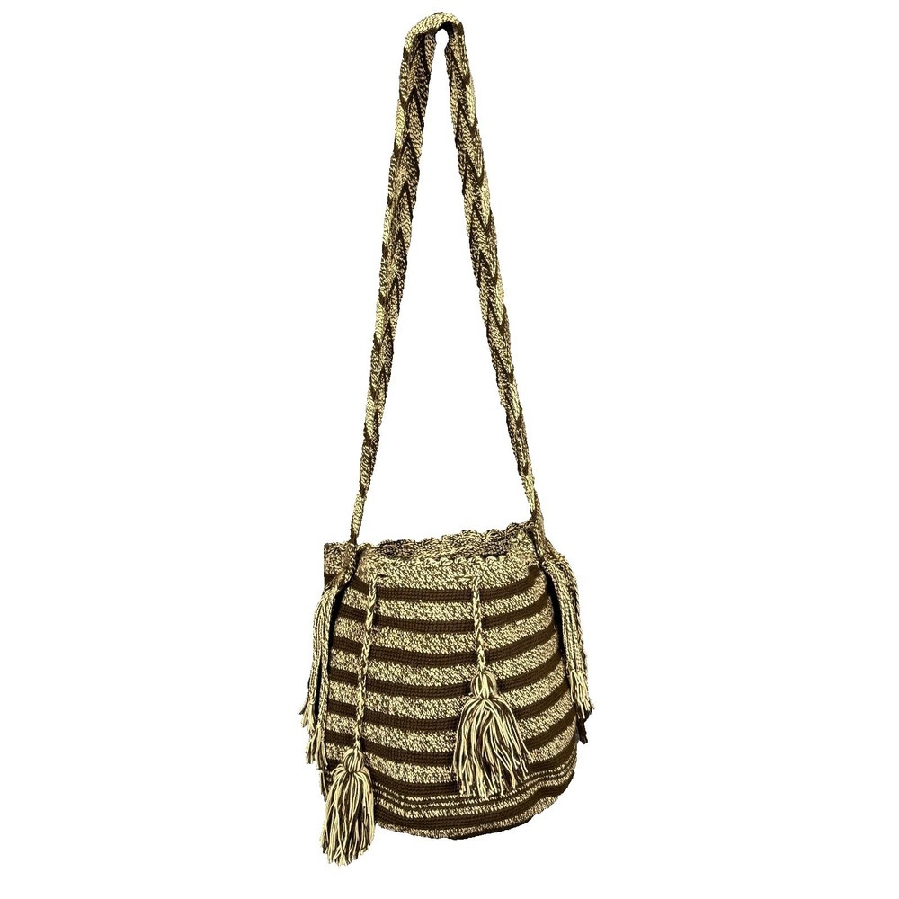 Handwoven Wayuu Mochila Bucket Striped Beige Brown Boho Crossbody Tassel Handbag